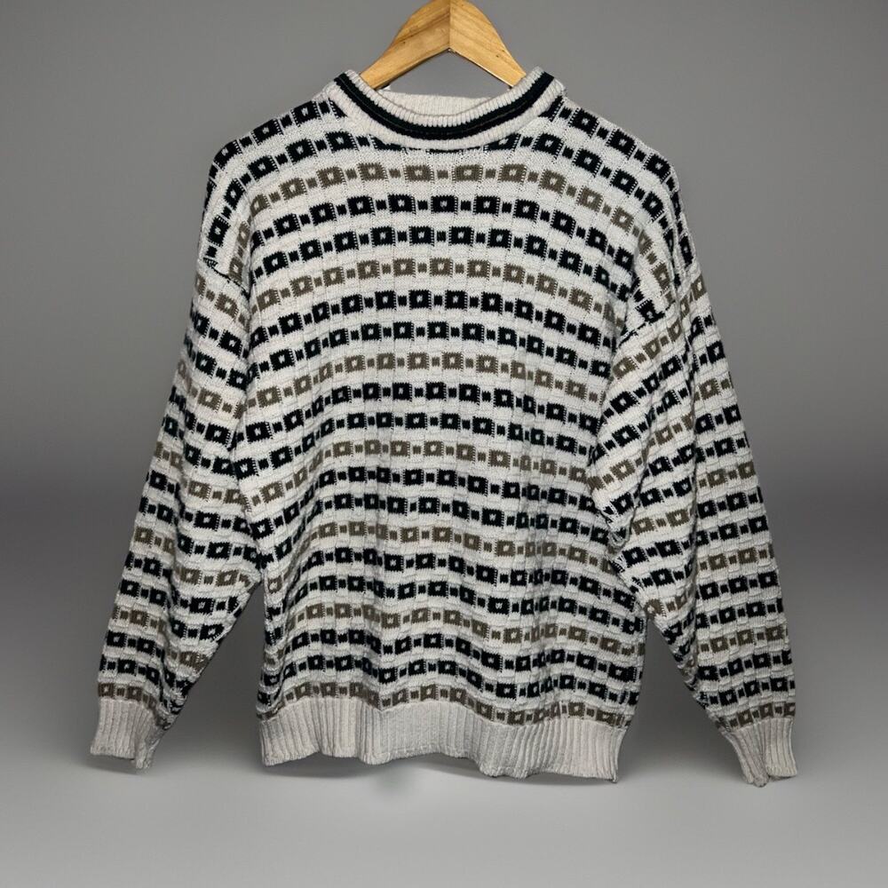 VTG Men’s Sweater Geometric Textured Cream Navy Green Tan Knit 80s 90s Pullover